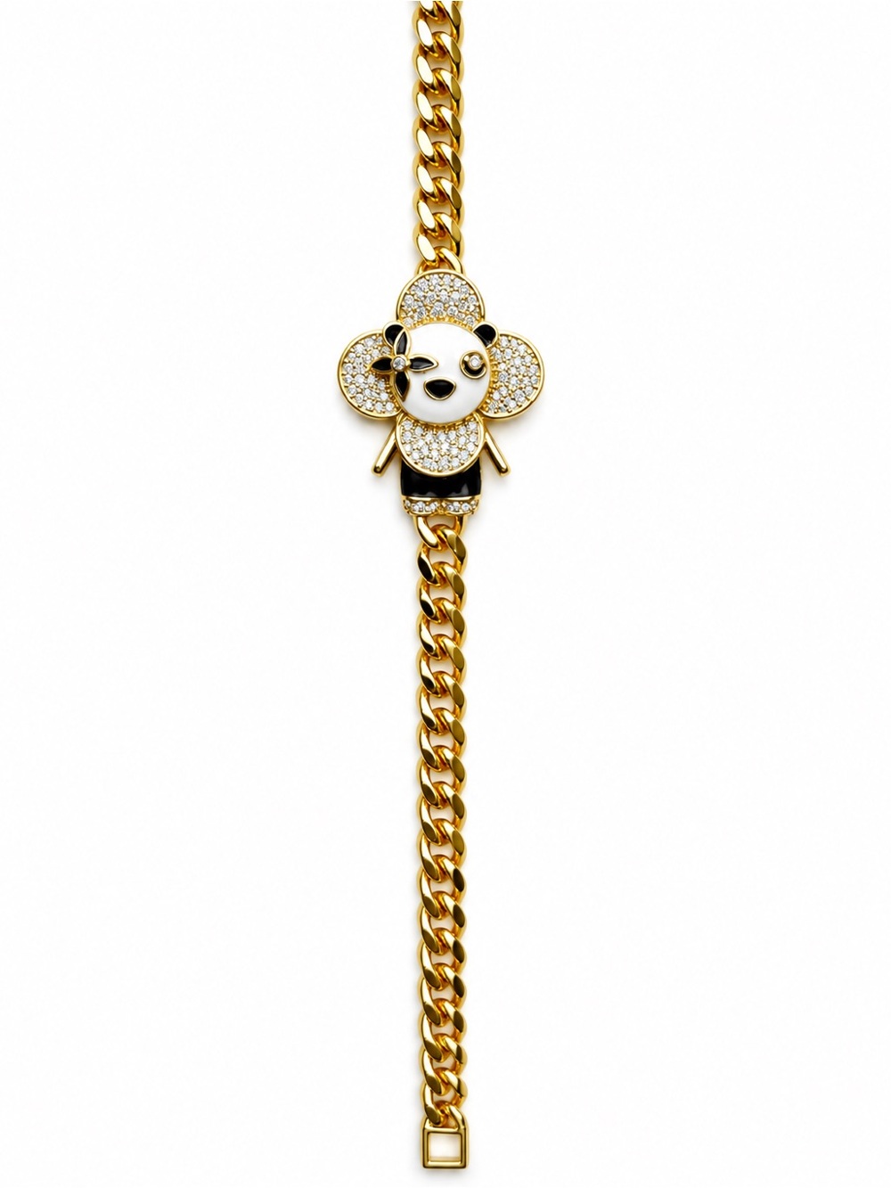 18k Gold Layered Panda Flower Cuban Chain Bracelet Pave Crystals approx 7 in